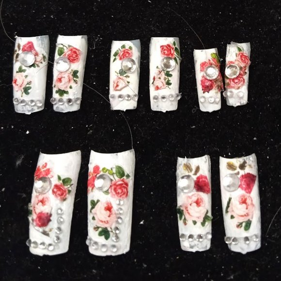 Custom WEDDING Gel Nails Handmade 10 pc set LONG full bling Rhinestone w Roses - Picture 1 of 1